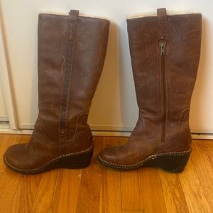 Tall Brown leather wedge boots with shearling lining